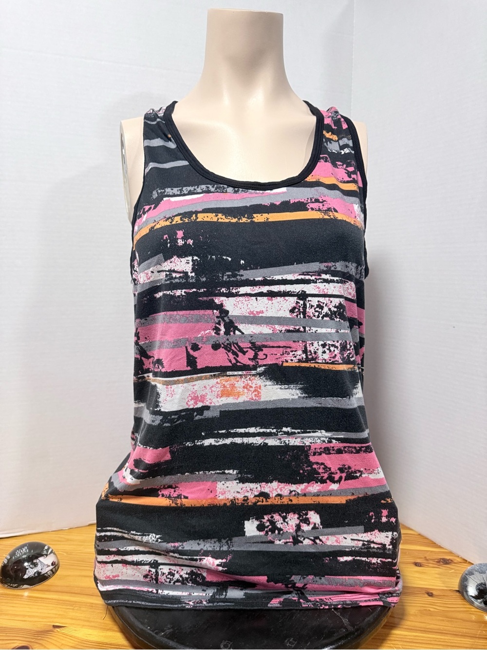 Joe Fresh Black Work Out Tank Top with Pink & Orange Stripes